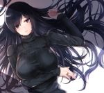  1girl alice_gear_aegis black_eyes black_hair black_sweater breasts closed_mouth hand_on_own_stomach highres jewelry kagome_misaki large_breasts lips long_hair looking_at_viewer lying mole on_back puru_(ex-150) ring shade smile solo sweater 