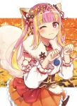  1girl alternate_costume animal_ear_fluff animal_ears arms_up autumn autumn_leaves bang_dream! bangs blonde_hair blunt_bangs blurry blurry_background blush brown_flower closed_mouth commentary cowboy_shot damu_(7spoil) detached_sleeves ear_ribbon eyebrows_visible_through_hair eyeliner fake_animal_ears flower fluffy fox_ears fox_tail frilled_skirt frills fur_trim gold_trim hair_flower hair_ornament hair_ribbon highres japanese_clothes jewelry layered_skirt long_hair long_sleeves looking_at_viewer makeup multicolored_hair one_eye_closed orange_flower pareo_(bang_dream!) paw_pose pearl_(gemstone) pink_hair pom_pom_(clothes) puffy_sleeves red_eyes red_flower red_ribbon ribbon sidelocks skirt solo striped striped_ribbon tail tareme tree two-tone_hair wide_sleeves 