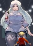  1boy 1girl blonde_hair blue_eyes breasts giantess gloves highres large_breasts melony_(pokemon) muskmelon poke_ball pokemon pokemon_(game) pokemon_swsh short_hair silver_hair single_glove sweatdrop sweater thick_thighs thighs uedrk_yamato white_gloves youngster_(pokemon) 
