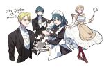  2boys 2girls alternate_costume apron blonde_hair blue_eyes blue_hair blush breasts butler byleth_(fire_emblem) byleth_eisner_(female) byleth_eisner_(male) cat closed_mouth comfeer dimitri_alexandre_blaiddyd fire_emblem fire_emblem:_three_houses formal gloves hair_ornament long_hair long_sleeves maid maid_apron maid_dress maid_headdress medium_hair mercedes_von_martritz multiple_boys multiple_girls short_hair simple_background smile suit uniform white_background 