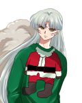  1boy alternate_costume daytodaydesire facial_mark floating_hair green_sweater inuyasha long_hair male_focus pointy_ears print_sweater sesshoumaru silver_hair simple_background solo sweater very_long_hair white_background yellow_eyes 