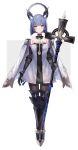  1girl :&lt; absurdres arm_at_side armored_boots azur_lane bangs bare_shoulders black_footwear black_legwear blue_hair blush boots cape closed_mouth cross dress eyebrows_visible_through_hair floating floating_object fujii_shino full_body gascogne_(azur_lane) gauntlets halo halter_dress headgear highres holding looking_back pantyhose short_hair solo standing thigh-highs thigh_boots two-tone_background white_cape white_dress yellow_eyes 