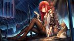  1girl black_legwear blood blood_on_face bloody_clothes boots cat dysoor highres jacket long_hair original rain redhead weapon 