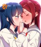  &gt;_&lt; 2girls anger_vein bangs blue_hair blush closed_eyes eyebrows_visible_through_hair food food_in_mouth grey_sailor_collar hair_bun half_updo long_hair long_sleeves love_live! love_live!_sunshine!! multiple_girls neckerchief open_mouth pocky pocky_day pocky_kiss red_eyes red_neckwear redhead sailor_collar sakurauchi_riko school_uniform sellel serafuku shared_food side_bun tsushima_yoshiko upper_body uranohoshi_school_uniform yellow_neckwear yuri 