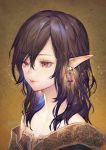  1girl bare_shoulders brown_background brown_hair closed_mouth ear_piercing earrings elf flat_chest glowing hair_between_eyes highres jewelry lantern light_particles lips looking_away original piercing pointy_ears red_eyes signature smile solo stained_glass strapless umiu_geso upper_body 