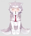  1girl :3 ^_^ afterimage ahoge animal_ear_fluff animal_ears belt breasts closed_eyes cowboy_shot cropped_legs dog_(mixed_breed)_(kemono_friends) dog_ears dog_girl dog_tail elbow_gloves facing_viewer fang fang_out food fur-trimmed_sleeves fur_trim gloves grey_background grey_hair grey_skirt incoming_pocky_kiss jacket kemono_friends leaning_forward medium_breasts mouth_hold multicolored_hair nyifu pleated_skirt pocky pocky_day short_hair short_sleeves simple_background skirt smile solo tail tail_wagging two-tone_hair white_gloves white_hair 