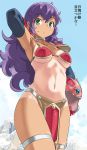  1girl armor armpits bikini_armor breasts choker closed_mouth commentary_request dragon_quest dragon_quest_iii elbow_gloves gloves helmet imaichi large_breasts long_hair looking_at_viewer navel purple_hair red_armor soldier_(dq3) solo tan tanline winged_helmet 
