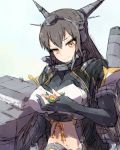  1girl alchera black_gloves black_hair commentary_request elbow_gloves fingerless_gloves flower gloves headgear kantai_collection long_hair looking_down machinery nagato_(kantai_collection) partly_fingerless_gloves red_eyes remodel_(kantai_collection) smile solo upper_body white_background 