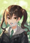  1girl artist_name bangs black_coat blurry blurry_background brown_hair candy collared_shirt commentary_request depth_of_field dopoing eyebrows_visible_through_hair food food_in_mouth green_neckwear highres idolmaster idolmaster_cinderella_girls lollipop long_hair mask_pull mole mole_under_eye necktie open_mouth sharp_teeth shirt solo striped striped_neckwear sunazuka_akira sunlight surgical_mask teeth tongue tongue_out twintails upper_body yellow_eyes 