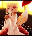  1girl animal_ear_fluff animal_ears ball blonde_hair blush braid flower fox_ears fox_girl fox_tail hair_flower hair_ornament hair_ribbon highres holding holding_ball japanese_clothes misa_(kaeruhitode) original petals red_eyes ribbon solo tail tail_raised 