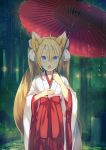  1girl :o animal_ears blonde_hair blue_eyes bow commentary_request cowboy_shot eyebrows_visible_through_hair fang forest fox_ears fox_girl fox_tail green_background hair_between_eyes hair_ribbon hakama hands_up holding holding_umbrella japanese_clothes kimono long_hair looking_at_viewer miko nature nazuka_(mikkamisaki) open_mouth oriental_umbrella original outdoors red_bow red_hakama red_ribbon ribbon shiny shiny_hair sidelocks solo standing tail tombstone twintails umbrella white_kimono white_ribbon wide_sleeves 