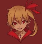  1girl blonde_hair collarbone cross cross_earrings earrings eyebrows_visible_through_hair face flandre_scarlet hitokuchii jewelry long_hair necklace open_mouth red_background red_eyes side_ponytail simple_background slit_pupils smile solo teeth touhou upper_teeth 