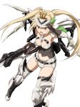  1girl absurdres belt blonde_hair boots braid breasts busou_shinki commentary_request corset covered_navel edelweiss_(megami_device) elbow_gloves gloves gun highres holding holding_gun holding_weapon kumichou_(ef65-1118-ef81-95) large_breasts layered_gloves long_hair mecha_musume megami_device open_mouth pointy_ears rifle short_shorts shorts single_bare_shoulder sleeveless sword thigh-highs twintails visor_cap weapon white_background yellow_eyes 