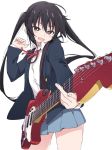  1girl bangs black_hair blazer blue_skirt blush brown_eyes electric_guitar guitar instrument ixy jacket k-on! long_hair long_sleeves nakano_azusa open_blazer open_clothes open_jacket open_mouth pleated_skirt red_neckwear red_ribbon ribbon sakuragaoka_high_school_uniform school_uniform shirt simple_background skirt smile solo twintails white_background white_shirt 