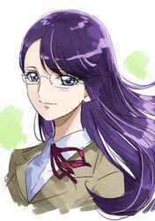  1girl asymmetrical_bangs bangs blue_eyes brown_jacket closed_mouth collared_shirt dress_shirt floating_hair glasses heartcatch_precure! jacket long_hair looking_at_viewer neck_ribbon portrait precure purple_hair red_ribbon ribbon rimless_eyewear school_uniform shiny shiny_hair shirt smile solo tsukikage_oyama tsukikage_yuri very_long_hair white_background white_shirt wing_collar 