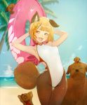  1girl animal_ears arms_behind_back beach black_legwear blonde_hair bob_cut braid breasts clouds competition_swimsuit dog dog_ears dog_girl dog_tail erune eyebrows_visible_through_hair fang flower granblue_fantasy hair_flower hair_ornament highres hikimayu holding holding_innertube inflatable_toy innertube masato_(mirai_koubou) ocean one-piece_swimsuit open_mouth palm_tree pantyhose puppy short_hair small_breasts smile swimsuit tail thighs tree vajra_(granblue_fantasy) yellow_eyes 