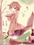  1girl ahoge animal_ears bone bottle brown_eyes brown_hair claws fork highres knife leaf misa_(kaeruhitode) necktie original skirt solo spoon stuffed_animal stuffed_bunny stuffed_toy tail thigh-highs tongue tongue_out tree wolf_ears wolf_girl wolf_tail 