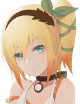  1girl bangs black_hairband black_ribbon blonde_hair blue_eyes bow choker closed_mouth collarbone edna_(tales) frown green_bow green_ribbon hair_between_eyes hair_bow hair_ribbon hairband isa_(peien516) looking_at_viewer off_shoulder portrait ribbon ribbon_choker short_hair side_ponytail sleeveless solo tales_of_(series) tales_of_zestiria 