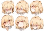  1girl :d anger_vein bags_under_eyes bangs blonde_hair blush commentary crying crying_with_eyes_open expressions eyebrows_visible_through_hair fang flandre_scarlet gotoh510 hair_between_eyes hand_up head_tilt heart highres looking_at_viewer multiple_views no_hat no_headwear one_side_up open_mouth pointy_ears red_eyes short_hair sidelocks simple_background smile symbol_commentary tears touhou v-shaped_eyebrows white_background 