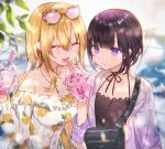  2girls bag bangs bare_shoulders black_hair black_ribbon blonde_hair blunt_bangs blush bob_cut bubble_tea camisole choker closed_eyes collarbone commentary_request cup disposable_cup dress drink drinking_straw eyewear_on_head fangs floral_print hair_between_eyes halterneck highres holding holding_cup idolmaster idolmaster_cinderella_girls jacket jewelry key_necklace kurosaki_chitose light_particles long_hair looking_at_another multiple_girls necklace nekoremon object_on_breast off-shoulder_dress off_shoulder open_clothes open_jacket open_mouth outdoors ribbon ribbon_choker shirayuki_chiyo short_hair shoulder_bag smile sunlight upper_body velvet_rose very_long_hair violet_eyes yuri 