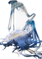  absurdly_long_hair absurdres alternate_costume aqua_eyes aqua_hair bare_shoulders black_gloves bow bowtie commentary detached_sleeves dress english_commentary expressionless gloves hair_ornament hair_ribbon harp hatsune_miku highres instrument knees_up long_hair looking_at_viewer michiki_kokuyou parted_lips ribbon sitting sleeveless sleeveless_dress twintails very_long_hair vocaloid white_dress yuki_miku yuki_miku_(2020) 