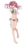  /\/\/\ 1girl :d armband ass_visible_through_thighs bangs bare_legs bare_shoulders barefoot bikini blush collarbone commentary_request eyebrows_visible_through_hair full_body leg_up long_hair looking_at_viewer micro_bikini navel open_mouth parted_bangs pink_hair puma_(hyuma1219) purple_bikini purple_ribbon ribbon shirai_kuroko side-tie_bikini simple_background smile solo standing standing_on_one_leg swimsuit to_aru_kagaku_no_railgun to_aru_majutsu_no_index twintails twitter_username violet_eyes white_background 