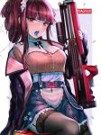  1girl artist_name bangs black_legwear blush breasts bullpup candy danielle_brindle food girls_frontline gun hair_ribbon highres holding holding_gun holding_weapon jacket lace lace-trimmed_legwear large_breasts lollipop long_hair looking_at_viewer maid_headdress mouth_hold multiple_piercings off_shoulder one_side_up open_mouth purple_hair purple_jacket red_eyes red_nails ribbon rifle sitting skirt sniper_rifle solo thigh-highs wa2000_(girls_frontline) walther walther_wa_2000 weapon 