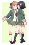  2girls bangs black_footwear black_hair black_legwear blunt_bangs blush bow full_body green_jacket green_sailor_collar green_skirt hachijou_(kantai_collection) hair_bow hair_ribbon hands_together highres interlocked_fingers ishigaki_(kantai_collection) jacket kantai_collection kneehighs light_brown_hair long_sleeves multiple_girls pleated_skirt pom_pom_(clothes) red_neckwear ribbon sailor_collar short_hair simple_background skirt standing tanaka_io_(craftstudio) white_legwear 