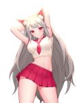  1girl animal_ear_fluff animal_ears arms_behind_head arms_up bare_arms blush breasts closed_mouth cowboy_shot crop_top fang fox_ears highres large_breasts long_hair looking_at_viewer midriff miniskirt navel necktie original pleated_skirt red_eyes red_neckwear red_sailor_collar red_skirt sailor_collar school_uniform serafuku shirt short_necktie short_sleeves silver_hair simple_background siun skirt smile solo standing stomach thighs very_long_hair white_background white_shirt 