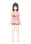  1girl ahoge aoi_thomas bangs barefoot black_hair breasts closed_mouth copyright_request eyebrows_behind_hair full_body green_eyes grey_shorts highres light_smile long_hair looking_at_viewer pink_shirt shirt short_shorts short_sleeves shorts simple_background small_breasts solo standing virtual_youtuber white_background 