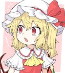  ! /\/\/\ 1girl :o ascot bangs blonde_hair blush border bow commentary_request crystal eyebrows_visible_through_hair fang flandre_scarlet frilled_shirt_collar frilled_sleeves frills hair_between_eyes hat hat_bow hat_ribbon highres looking_to_the_side mob_cap oninamako open_mouth pink_background red_bow red_eyes red_vest ribbon shiny shiny_hair shirt short_sleeves side_ponytail slit_pupils solo surprised touhou upper_body vest white_border white_shirt wide_sleeves wings yellow_neckwear 