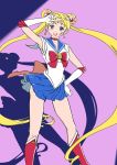  1girl :d absurdly_long_hair absurdres bishoujo_senshi_sailor_moon blonde_hair blue_eyes blue_sailor_collar blue_skirt blush boots breasts choker collarbone collared_shirt contrapposto crescent crescent_earrings earrings elbow_gloves floating_hair gloves hand_on_hip hayosena highres jewelry knee_boots long_hair looking_at_viewer medium_breasts miniskirt open_mouth pleated_skirt purple_background red_footwear sailor_collar sailor_moon sailor_senshi_uniform sailor_shirt shadow shirt skirt sleeveless sleeveless_shirt smile solo standing v very_long_hair white_gloves white_shirt 