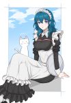  1girl akina_(akn_646) blue_eyes blue_hair blue_sky byleth_(fire_emblem) byleth_eisner_(female) cat clouds fire_emblem fire_emblem:_three_houses highres long_sleeves maid maid_headdress parted_lips plate sitting sky 