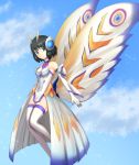  1girl absurdres antennae armor black_hair blue_eyes blue_sky breasts bug claws clouds commentary crossover eternal_mothra godzilla_(series) green_eyes highres insect insect_wings kohinata_miku kusunotaiboku large_wings medium_breasts monster moth moth_girl moth_wings mothra senki_zesshou_symphogear senki_zesshou_symphogear_xd_unlimited short_hair sky smile symphogear_pendant wings x-drive_(symphogear) 