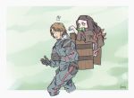  !! 1boy 1girl backpack bag bamboo bit_gag black_gloves black_hair blue_coat blue_pants box brown_hair chromatic_aberration commentary_request cowboy_shot crossover death_stranding english_commentary facial_hair forehead from_side gag gloves highres japanese_clothes kamado_nezuko kimetsu_no_yaiba kimono long_hair looking_at_another looking_down multicolored_hair obi pants parody pink_eyes pink_kimono pink_ribbon portuguese_commentary redhead ribbon sam_porter_bridges sash signature simple_background spread_fingers twitter_username two-tone_hair vinycius_d_araujo 