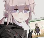  &gt;:( 2girls absurdres assault_rifle beret black_gloves black_legwear blush brand_name_imitation call_of_duty:_modern_warfare_2 clown_nose commentary copyright_name cover eyebrows_visible_through_hair game_console game_cover girls_frontline gloves grey_hair gun h&amp;k_hk416 hat highres hk416_(girls_frontline) hood hoodie long_hair long_sleeves low_ponytail m200_(girls_frontline) mrbongson multiple_girls parody rifle smile thigh-highs violet_eyes weapon xbox_360 