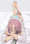  1girl ass cellphone commentary_request crossed_arms glasses highres lying neyuki_rei no_pants on_stomach original panties phone pink_eyes pink_hair short_hair smartphone solo underwear 