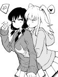  2girls :p black_hair cardigan groping highres hood hoodie kajino_(aosansai) low_twintails monochrome multiple_girls necktie nemoto_hina one_eye_closed tamura_yuri tongue tongue_out twintails two_side_up watashi_ga_motenai_no_wa_dou_kangaetemo_omaera_ga_warui! 