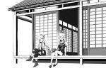  2girls absurdres boots bow breasts closed_eyes collared_shirt cross-laced_footwear dress flat_chest fujiwara_no_mokou full_body greyscale hair_bow hat highres kamishirasawa_keine long_hair looking_at_another looking_at_viewer medium_breasts monochrome multiple_girls ofuda open_mouth overalls pants porch renzaoshen shirt shoes short_dress short_sleeves simple_background sitting sliding_doors smile socks thighs touhou white_background 