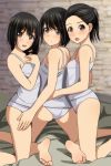  3girls :d absurdres ass bangs bare_arms bare_legs bare_shoulders barefoot black_hair blurry blurry_background blush brown_eyes camisole closed_mouth depth_of_field eyebrows_visible_through_hair hair_between_eyes highres kneeling matsunaga_kouyou multiple_girls nose_blush open_mouth original panties ponytail smile soles underwear underwear_only upper_teeth white_camisole white_panties 