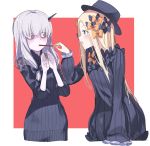 2girls abigail_williams_(fate/grand_order) bags_under_eyes bangs black_bow black_dress black_headwear blonde_hair blue_eyes blush bow bug butterfly commentary cropped_torso dress eye_contact eyebrows_visible_through_hair fate/grand_order fate_(series) feeding food hair_between_eyes hair_bow hands_up hat highres holding holding_food horns insect lavinia_whateley_(fate/grand_order) long_hair long_sleeves looking_at_another multiple_girls open_mouth orange_bow parted_bangs pocky pocky_day polka_dot polka_dot_bow profile red_background silver_hair sleeves_past_fingers sleeves_past_wrists two-tone_background upper_body usuaji very_long_hair violet_eyes white_background wide-eyed 