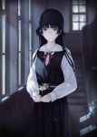  1girl bangs belt black_eyes black_hair blunt_bangs commentary_request dandelion expressionless flower hat highres hime_cut holding holding_flower indoors long_hair looking_at_viewer school_uniform solo stairs window yasukura_(shibu11) 