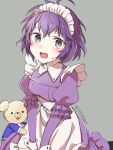  1girl bernadetta_von_varley fire_emblem fire_emblem:_three_houses grey_background grey_eyes long_sleeves maid maid_headdress open_mouth purple_hair short_hair simple_background solo stuffed_animal stuffed_toy teddy_bear tori55nigen twitter_username 