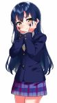  1girl bangs blazer blue_hair blush bow bowtie closed_mouth commentary_request cowboy_shot hair_between_eyes hands_on_own_cheeks hands_on_own_face highres jacket long_hair long_sleeves looking_at_viewer love_live! love_live!_school_idol_project otonokizaka_school_uniform red_neckwear school_uniform simple_background smile solo sonoda_umi standing striped totoki86 white_background yellow_eyes 