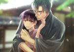  1boy 1girl bangs black_hair blunt_bangs blurry blurry_background blush glasses hand_on_another&#039;s_cheek hand_on_another&#039;s_face hetero hug hug_from_behind izumi_(stardustalone) japanese_clothes kimono long_hair renri_no_chigiri_wo_kimi_to_shiru smile standing upper_body violet_eyes wide_sleeves 