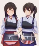  2girls akagi_(kantai_collection) azu_(yamahasu1245) bangs blue_hakama blush brown_eyes brown_hair closed_eyes closed_mouth eyebrows_visible_through_hair flight_deck grin hakama hakama_skirt highres japanese_clothes kaga_(kantai_collection) kantai_collection multiple_girls muneate ponytail red_hakama side_ponytail signature simple_background sketch smile tasuki 