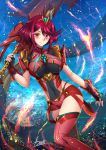  1girl adsouto bangs blush breasts covered_navel fingerless_gloves gem gloves hair_ornament headpiece highres holding holding_sword holding_weapon pyra_(xenoblade) jewelry large_breasts looking_at_viewer red_eyes red_shorts redhead short_hair shorts shoulder_armor smile swept_bangs sword tiara weapon xenoblade_(series) xenoblade_2 