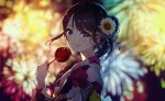  1girl aerial_fireworks black_hair blush candy_apple crying crying_with_eyes_open fireworks floral_print flower food hair_bun hair_flower hair_ornament japanese_clothes kimono kusaka_kou long_hair looking_at_viewer night original outdoors smile solo tears upper_body violet_eyes yukata 