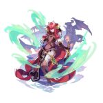  1girl absurdly_long_hair akasha_(dragalia_lost) bodysuit dagger dragalia_lost dragon fire full_body gargoyle headgear holding holding_weapon jewelry long_hair looking_at_viewer non-web_source official_art open_clothes open_shirt redhead saitou_naoki smile solo statue transparent_background very_long_hair weapon wind yellow_eyes 