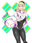  /\/\/\ 1girl blonde_hair blue_eyes bodysuit breasts closed_mouth disney_tsum-tsum gii_(bu-chaka) gwen_stacy hairband hand_on_hip hood hood_down hooded_bodysuit looking_at_viewer marvel mask short_hair simple_background skin_tight smile solo spider-gwen spider-man_(series) spider_web_print superhero 